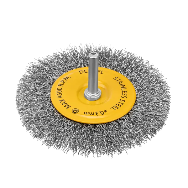 Щетка для дрели DENZEL 100 мм, Плоская, со шпилькой, нержавеющая витая проволока