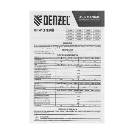 Шнур сетевой Energy Series DENZEL, ПВС, 1,5 м, 3 x 1,5 мм, с неразборной вилкой, белый