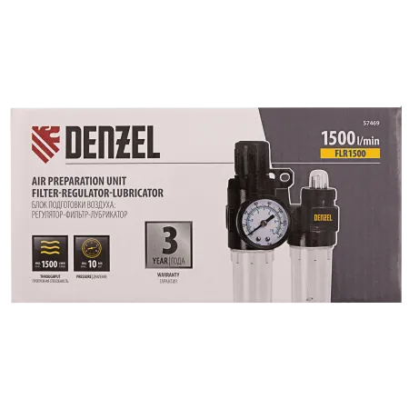 Блок подготовки воздуха регулятор-фильтр-лубрикатор DENZEL FLR1500, 10 бар, 1500 л/мин, 1/4
