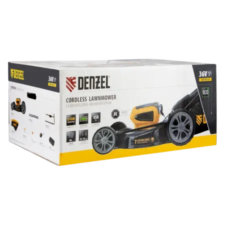 Газонокосилка аккумуляторная бесщеточная RLM450-36, Li-ion, 36 В, 4 Ач, 450 мм, травосборник 40 л Denzel