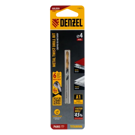 Сверло спиральное по металлу DENZEL 4 x 75 мм, Р6М5, Golden Tip, многогранная заточка