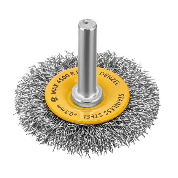 Щетка для дрели DENZEL, 50 мм, Плоская, со шпилькой, нержавеющая витая проволока
