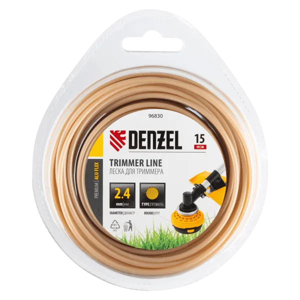 Леска для триммера DENZEL армированная алюминием круглая, 2,4мм х 15м, блистер ALUFLEX