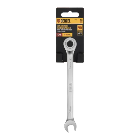 Ключ комбинированный трещоточный DENZEL, 10 мм, CrV, матовый хром