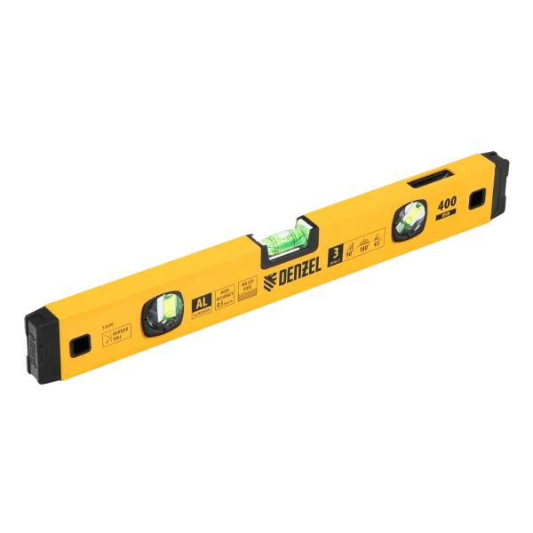 Уровень алюминиевый DENZEL магнит., фрезерованный, 3 глазка (1 зеркал.), 0,5 мм/м, 400 мм