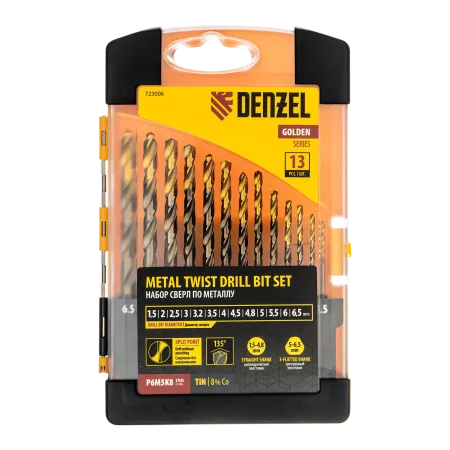 Набор сверл по металлу DENZEL, 1,5-6,5мм, Р6М5К8-TiN, Golden Tip, 13 шт