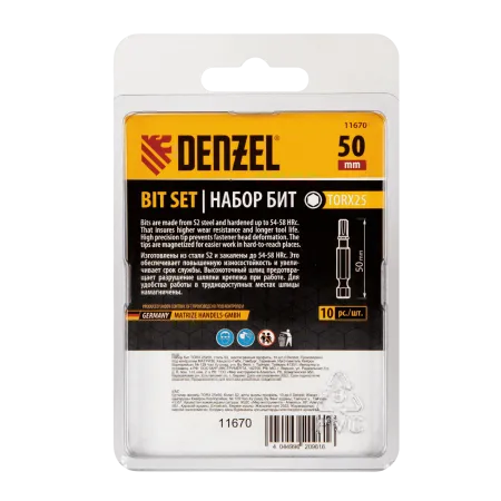 Бита DENZEL TX 25х50, сталь S2, шестигранный профиль, 10 шт. Е 6,3
