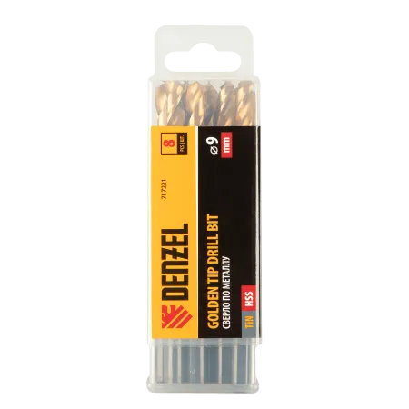 Сверло по металлу DENZEL 9 мм, HSS-Tin, Golden Tip, 8 шт.