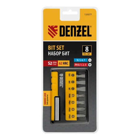 Набор бит с магнитным держателем DENZEL S2, 8 шт.