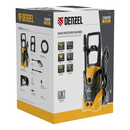 Мойка высокого давления DENZEL R-135, 1800 Вт, 135 бар, 6 л/мин, колесная
