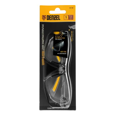 Очки защитные DENZEL открытые, поликарбонатные, прозрачная линза