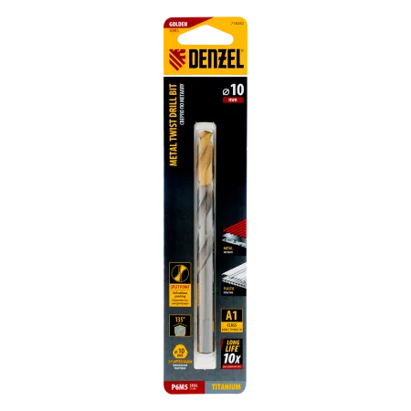 Сверло спиральное по металлу DENZEL 10 x 133 мм, Р6М5, Golden Tip 
