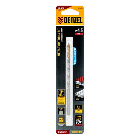 Сверло спиральное по металлу DENZEL 4,5 х 126 мм, Р6М5, Golden Tip, удлиненное