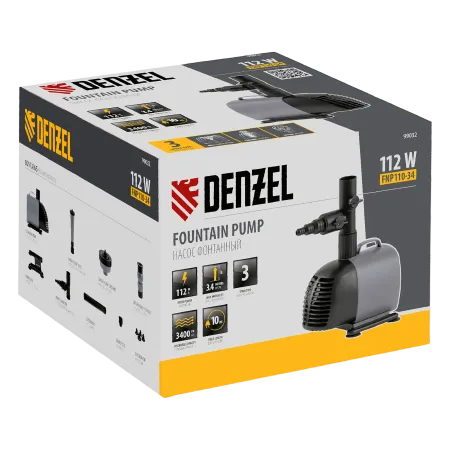 Насос фонтанный DENZEL FNP110-34, 112 Вт, подъем 3,4 м, 3400 л/ч, колокольчик/каскад/гейзер
