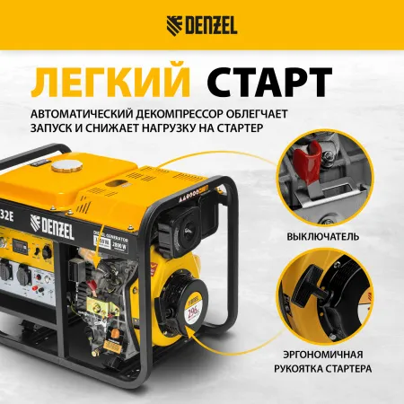 Генератор дизельный DENZEL DES-32E, 3,2 кВт, 230 В, 11 л, электростартер