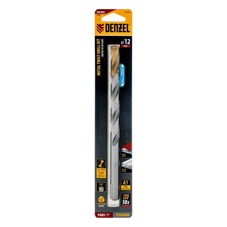 Сверло спиральное по металлу DENZEL 12 x 205 мм, Р6М5, Golden Tip, удлиненное