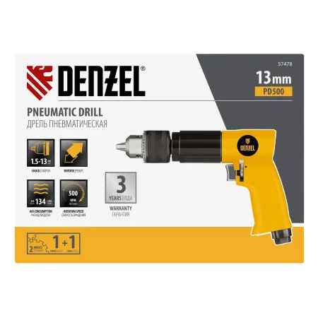 Дрель пневматическая DENZEL PD500, 500 об/мин, 114 л/мин, 13 мм