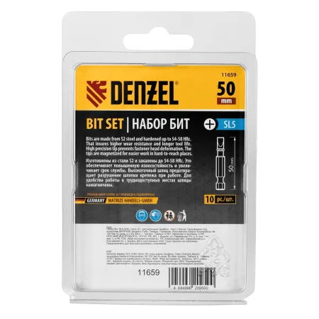 Бита DENZEL SL5,0х50, сталь S2, шестигранный профиль, 10 шт. Е 6,3