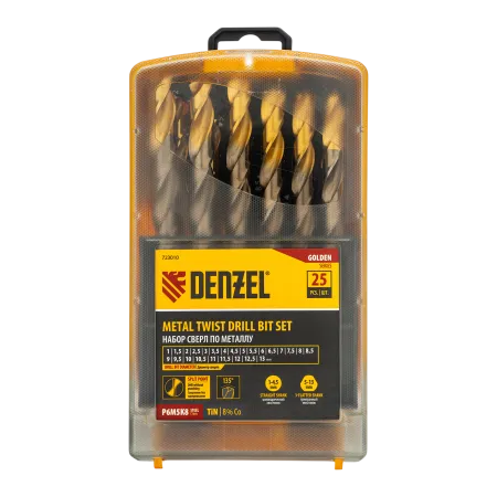Набор сверл по металлу DENZEL, 1-13 мм, Р6М5К8-TiN, Golden Tip, 25 шт