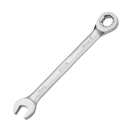 Ключ комбинированный трещоточный DENZEL, 15 мм, CrV, матовый хром