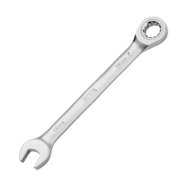 Ключ комбинированный трещоточный DENZEL, 15 мм, CrV, матовый хром
