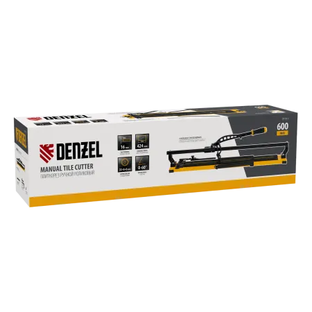 Плиткорез рельсовый DENZEL 600х16мм, каретка на подш., стальная станина, усил. рукоятка-пенал