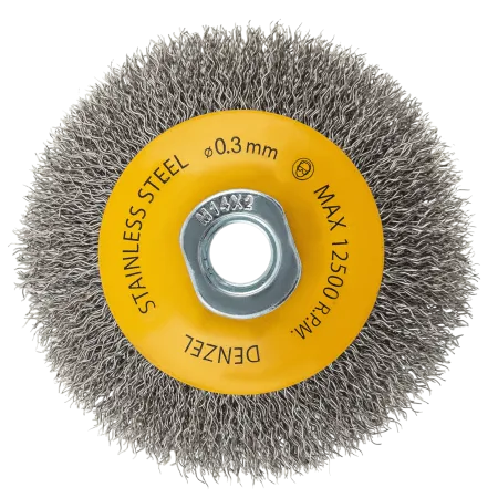 Щетка для УШМ DENZEL 746083, 100 мм, «тарелка», витая нержавеющая проволока 0.3 мм, М14