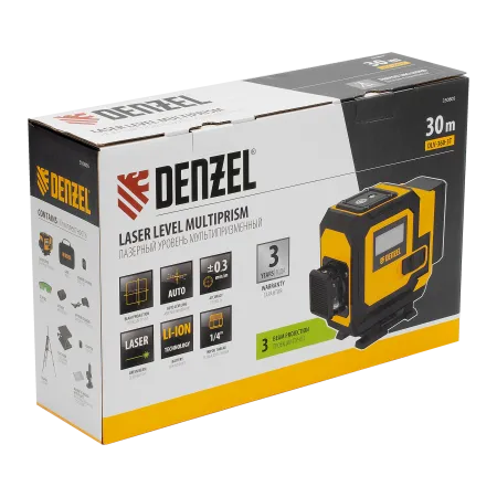 Лазерный уровень мультипризменный DENZEL DLV-360-3T, 30 м, зеленый луч, Li-Ion 2,4 Aч, штатив