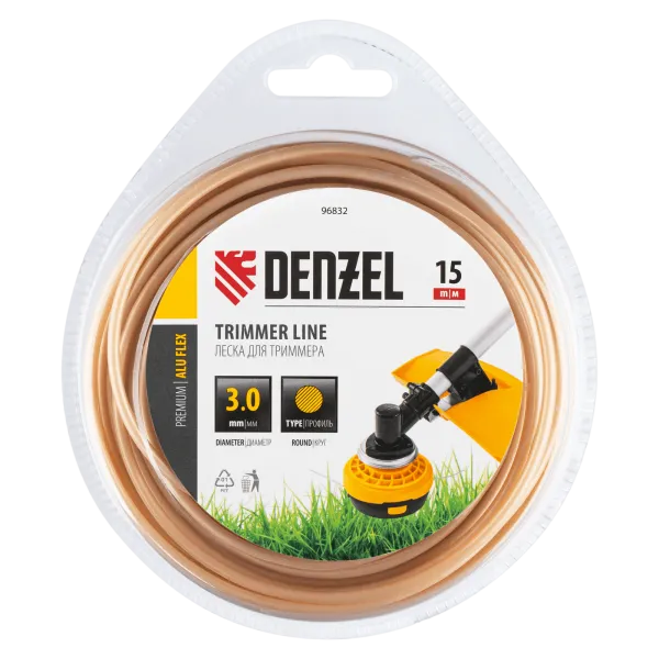 Леска для триммера DENZEL армированная алюминием круглая, 3,0мм х 15м, блистер ALUFLEX