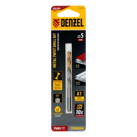 Сверло спиральное по металлу DENZEL 5 x 86 мм, Р6М5, Golden Tip