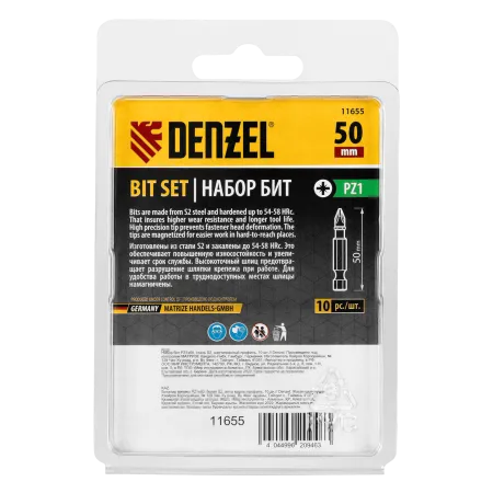 Бита DENZEL PZ1х50, сталь S2, шестигранный профиль, 10 шт. Е 6,3
