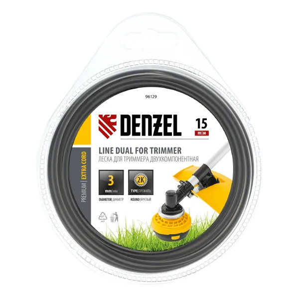 Леска для триммера DENZEL Extra cord 96129, 3 мм x 15 м, круглая, двухкомпонентная