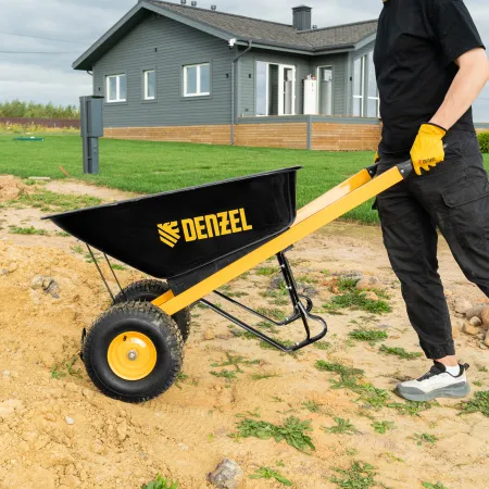 Тачка строительная DENZEL усиленная, объем 140 л, 250 кг, двухколесная, колесо 15х6.00-6