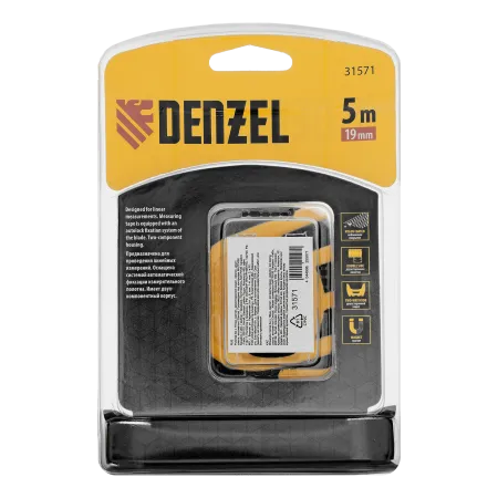 Рулетка DENZEL 5м x 19 мм, магнит, двухсторонний зацеп, нейлон, двуст. шкала, автоматич