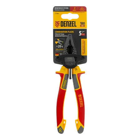Плоскогубцы комбинированные DENZEL диэлектрические трехкомпонентные рукоятки до 1000 В, 180 мм