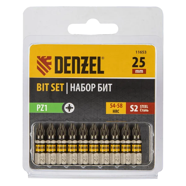Бита DENZEL PZ1х25, сталь S2, шестигранный профиль, 10 шт. Е 6,3