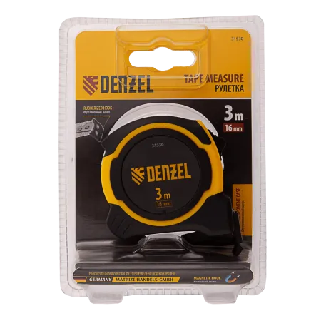Рулетка DENZEL 3м х 16мм, двухкомп. корпус, магнитный обрезиненный зацеп