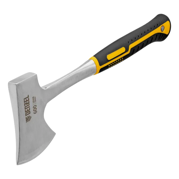 Топор цельнометаллический DENZEL, 600 г, двухкомпонентная обрезиненная рукоятка, прямой хват