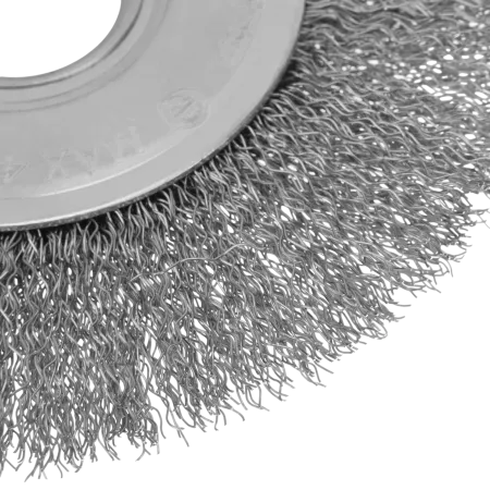 Щетка для УШМ DENZEL 746563, 125 мм, «плоская», витая нержавеющая проволока 0.3 мм, посадка 22.2 мм
