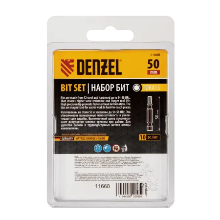 Бита DENZEL TX 15х50, сталь S2, шестигранный профиль, 10 шт. Е 6,3