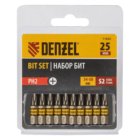 Бита DENZEL PH2х25, сталь S2, шестигранный профиль, 10 шт. Е 6,3