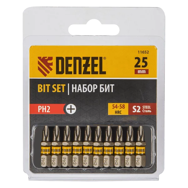 Бита DENZEL PH2х25, сталь S2, шестигранный профиль, 10 шт. Е 6,3