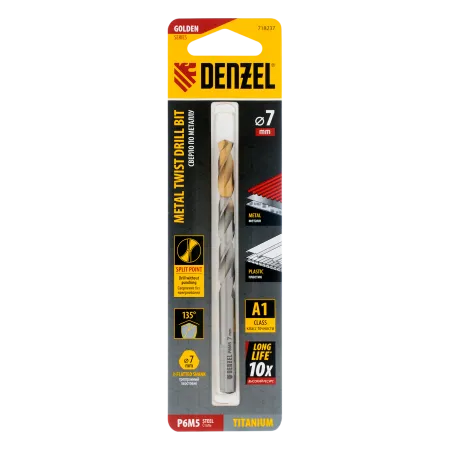 Сверло спиральное по металлу DENZEL 7,0 x 109 мм, Р6М5, Golden Tip
