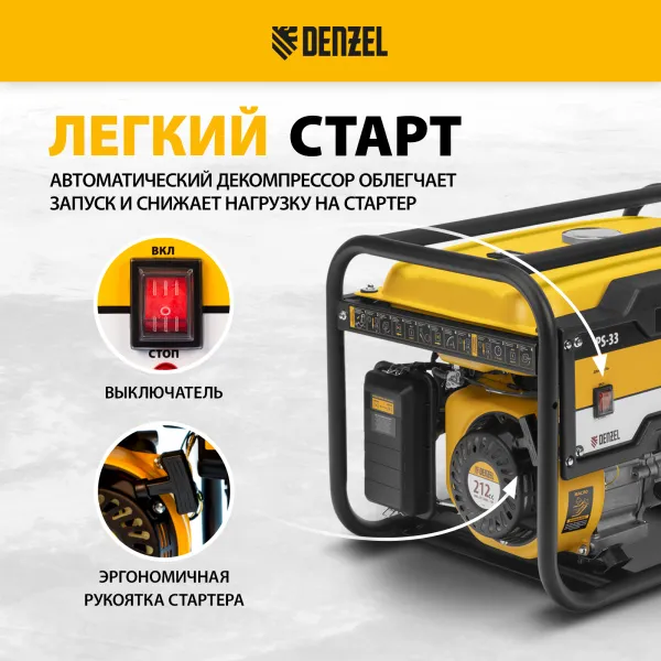 Генератор бензиновый DENZEL PS 33, 3.3 кВт, 230 В, 15 л, ручной старт
