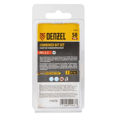 Набор бит комбинированный DENZEL 3 шт., РН1, РН2, РН3, 50 мм, сталь S2