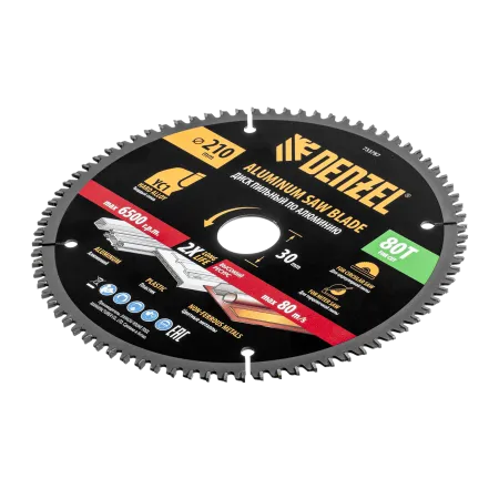 Пильный диск по алюминию DENZEL ф210 х 30 мм, 80 зубьев