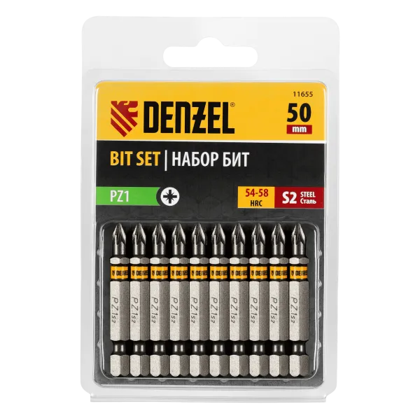 Бита DENZEL PZ1х50, сталь S2, шестигранный профиль, 10 шт. Е 6,3
