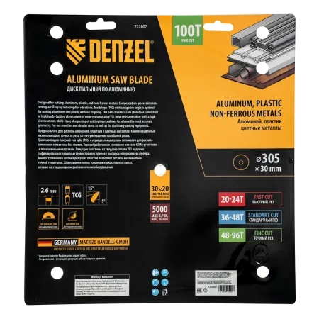 Пильный диск по алюминию DENZEL ф305 х 30 мм, 100 зубьев