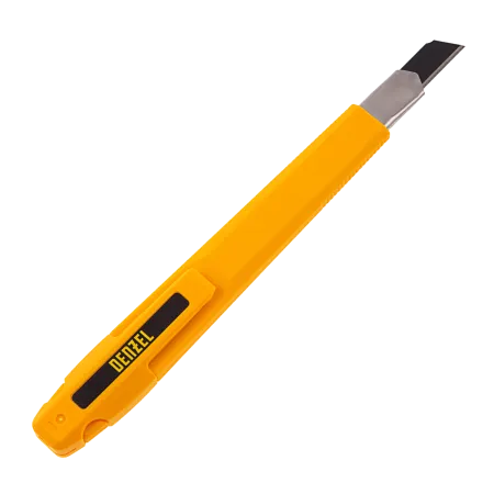 Нож DENZEL 9 мм, сменное лезвие, SK4, метал. направляющая, клипса, нажимной фиксатор