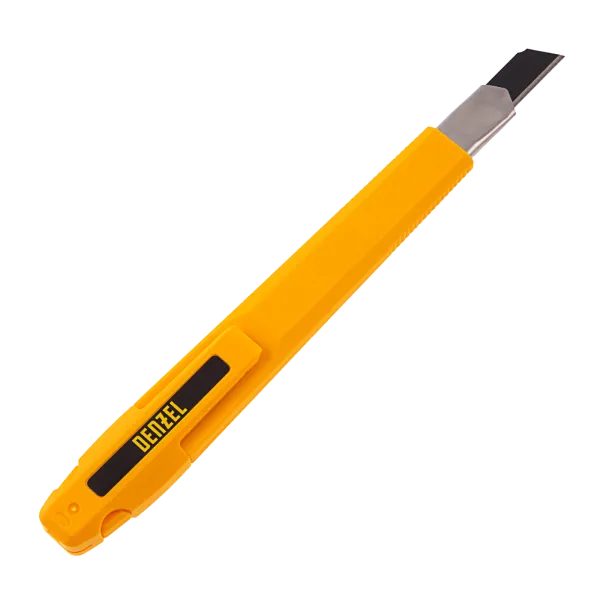 Нож DENZEL 9 мм, сменное лезвие, SK4, метал. направляющая, клипса, нажимной фиксатор